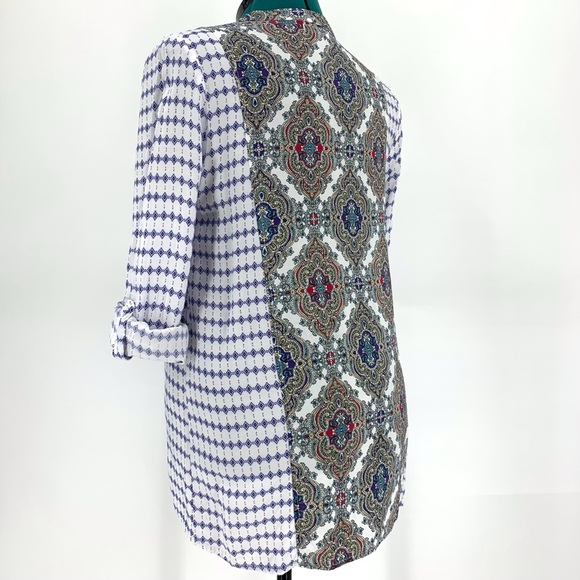 Kori Paisley Accent Boho Rolled Sleeve Button Down V-Neck Blouse, Medium - Picture 6 of 16
